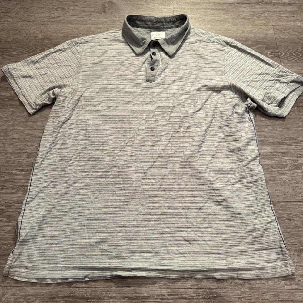 Tommy Bahama Polo Shirt Mens L Gray Striped Cotton Island Crafted Casual Top